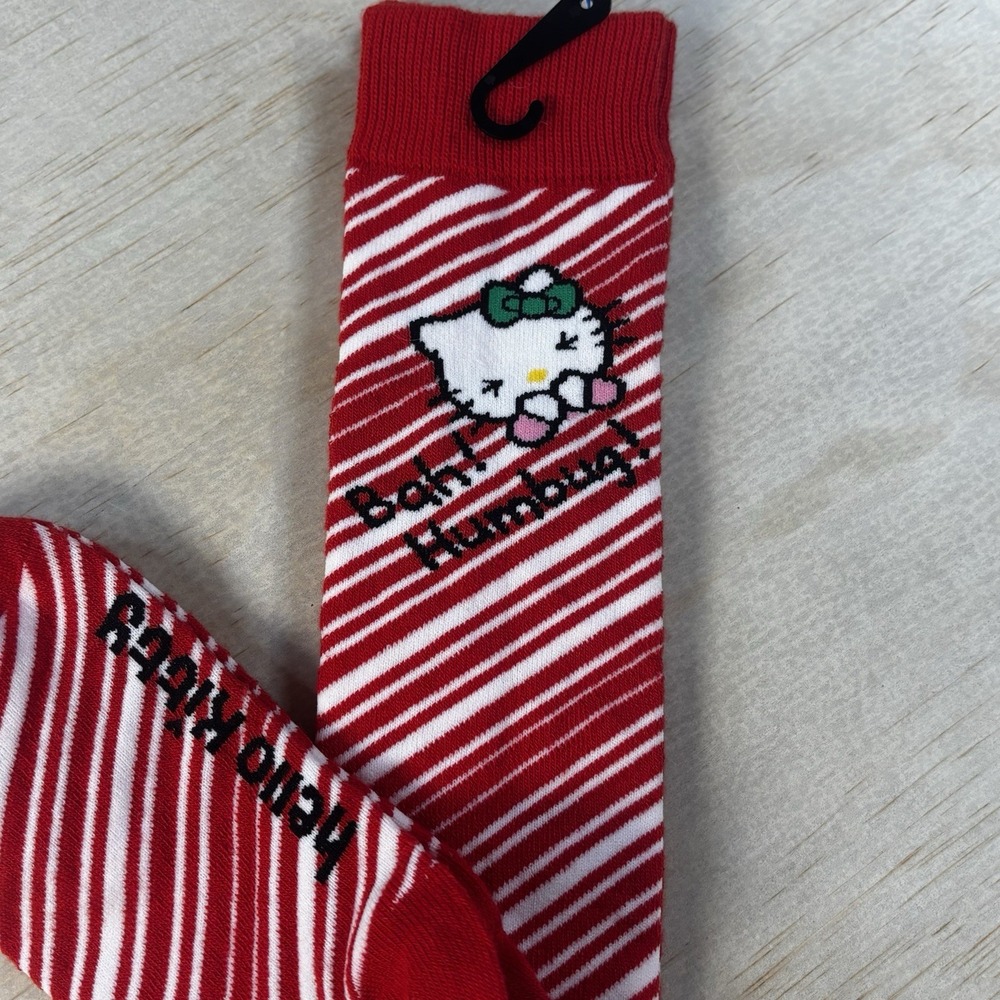 Hello Kitty Socks 'Bah Humbug' Long Red & White Diagonal Stripes - New-No Tags - Picture 2 of 6